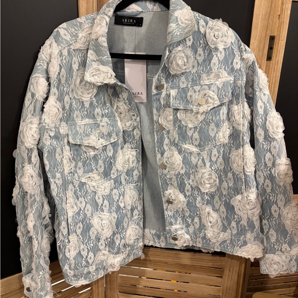AKIRA Blue and White Lace Floral Jean Jacket